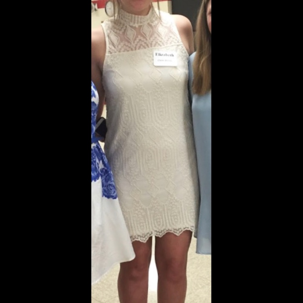 high neck cream lace body con dress